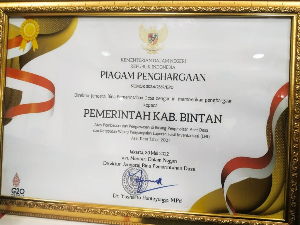 Pemkab Bintan Raih Penghargaan LHI dari Kemendagri