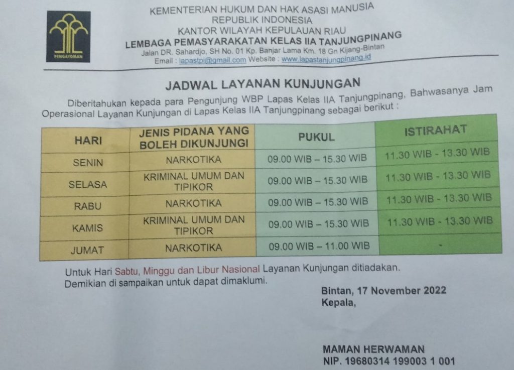 Perubahan Jadwal Kunjungan WBP di Keluhakan, Begini Penjelasan Pihak Lapas Kelas II A Tanjungpinang