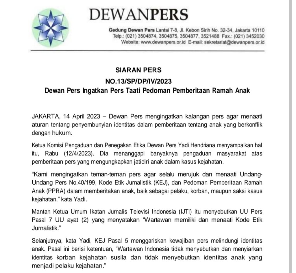 Dewan Pers Ingatkan Pers Taati Pedoman Pemberitaan Ramah Anak